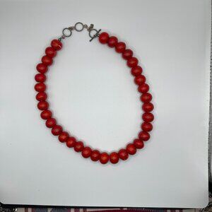 Handcrafted India 925 Sterling Silver Red Coral Bead Necklace Artisan Boho Style